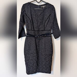 Dark Blue Lace Sheath Dress with Velvet Belt